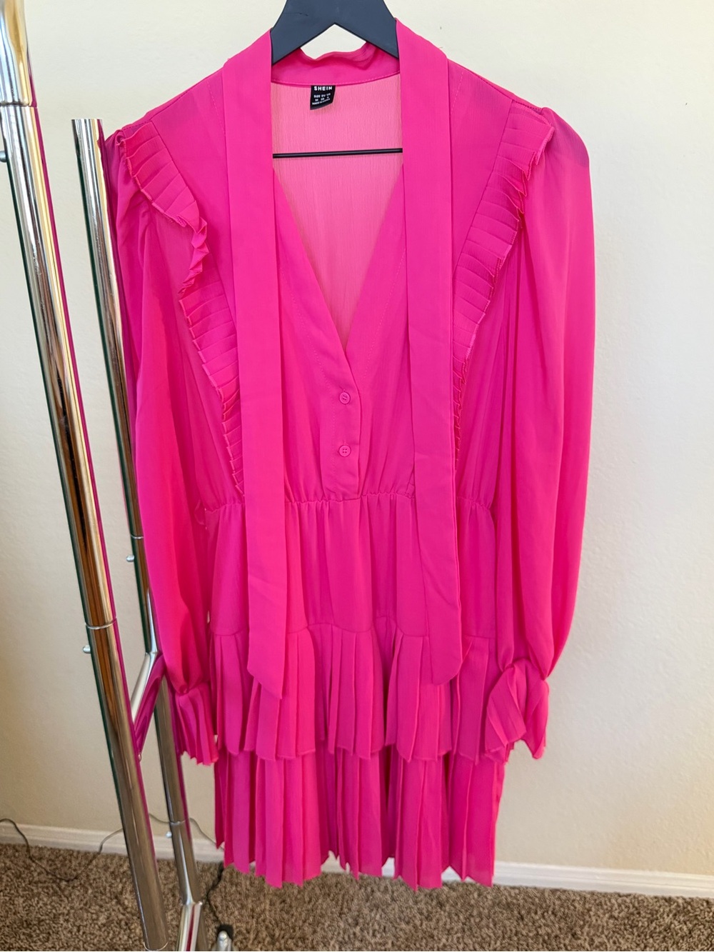 SHEIN Hot Pink Pleated Tie-Neck Long Sleeve Dress